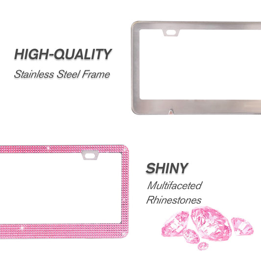 GaRhomxy Bling Cadre de plaque d'immatriculation, cadre de plaque d'immatriculation en acier inoxydable cristal, 1 paquet de cadre de plaque d'immatriculation de voiture scintillant pour femme, accessoires de voiture universels (rose)