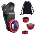 KINGMAS 3 in 1 Universal Fish Eye Lens, Macro Clip Lens Wide-Angle Camera Lens Kit for iPad iPhone Samsung Android and Most Smartphones (Red)