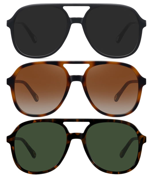 MEETSUN Retro Oversized Aviator Sunglasses for Women Men Trendy Square Aviators 70s Vintage Sun Glasses -3Pack(Black +Tortoise/Brown +Tortoise/Green)