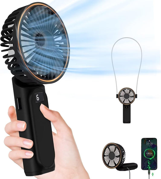 TUNISE Portable Handheld Fan, Portable Fan Rechargeable, 4000mAh, 180° Adjustable, 6 Speed Wind, Display Electricity in Real Time, USB Rechargeable Foldable Fan, Quiet Personal Fan as Power Bank