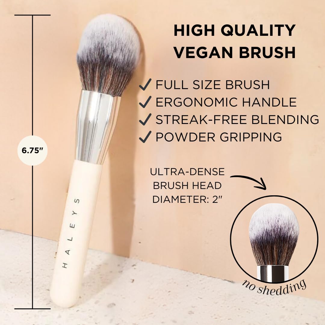 HALEYS Powder Brush VEGAN+CRUELTY-FREE, Soft, Streak-free, Perfect Blending, Buff, Blurs, Smooths, Control, Precision, Complexion tools, For powder, setting powder, blush, Sustainable Wood Handle