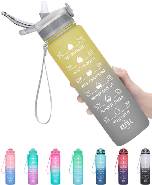 MEITAGIE 32oz Leakproof Motivational Sports Water Bottle with Straw & Time Marker, Flip Top Durable BPA Free Non-Toxic Frosted Bottle Perfect for Office, School, Gym and Workout