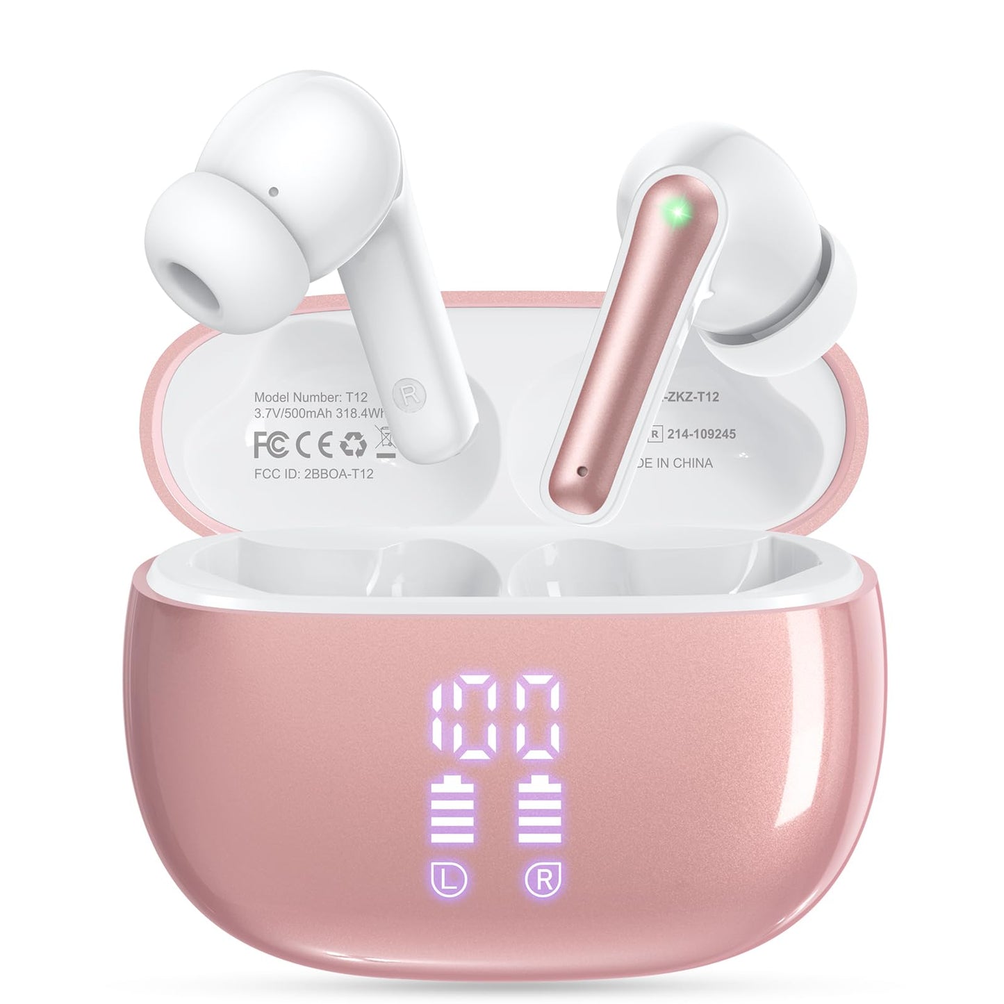 Auriculares inalámbricos Bluetooth, 40 horas de reproducción, estéreo, IPX5, resistentes al agua, pantalla LED de encendido, auriculares internos inalámbricos con micrófono para iPhone, Android, teléfono móvil deportivo, color rosa