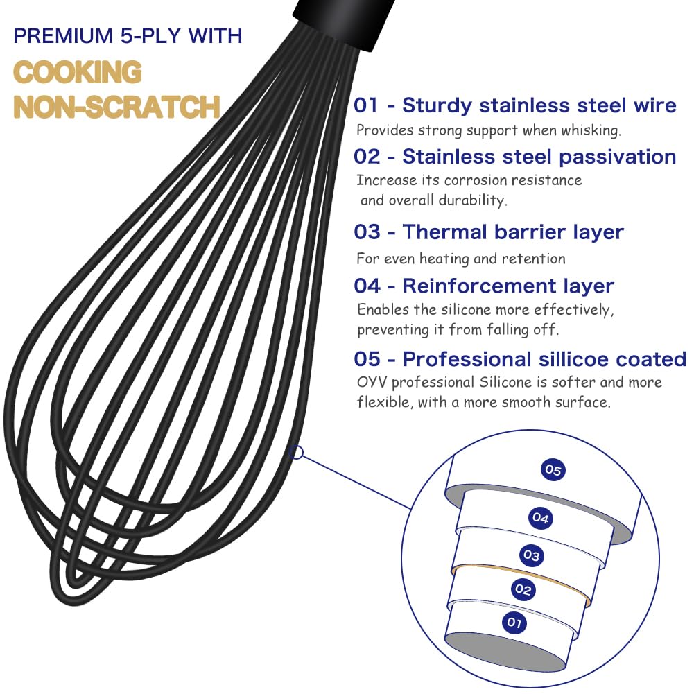 OYV Dishwasher Safe Silicone Whisk, Sealed Waterproof Design Set of 3, Professional Kitchen Whisks for Cooking Non-Scratch, Silicone & Stainless Steel Whisk, Heat Resistant Balloon Egg Beater, Black