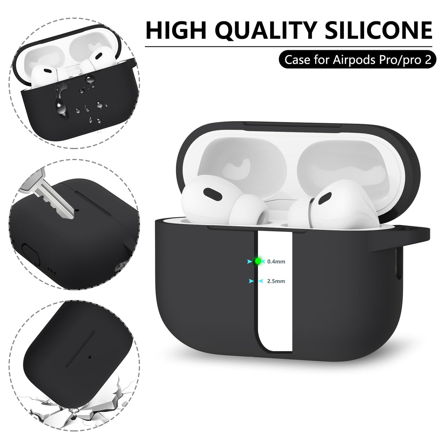 AirPods Pro Case Cover with Cleaner Kit,Soft Silicone Protective Case for Apple AirPod Pro 2nd/1st Generation Case for Women Men,AirPods Pro 2/Pro Case Accessories with Keychain-Black