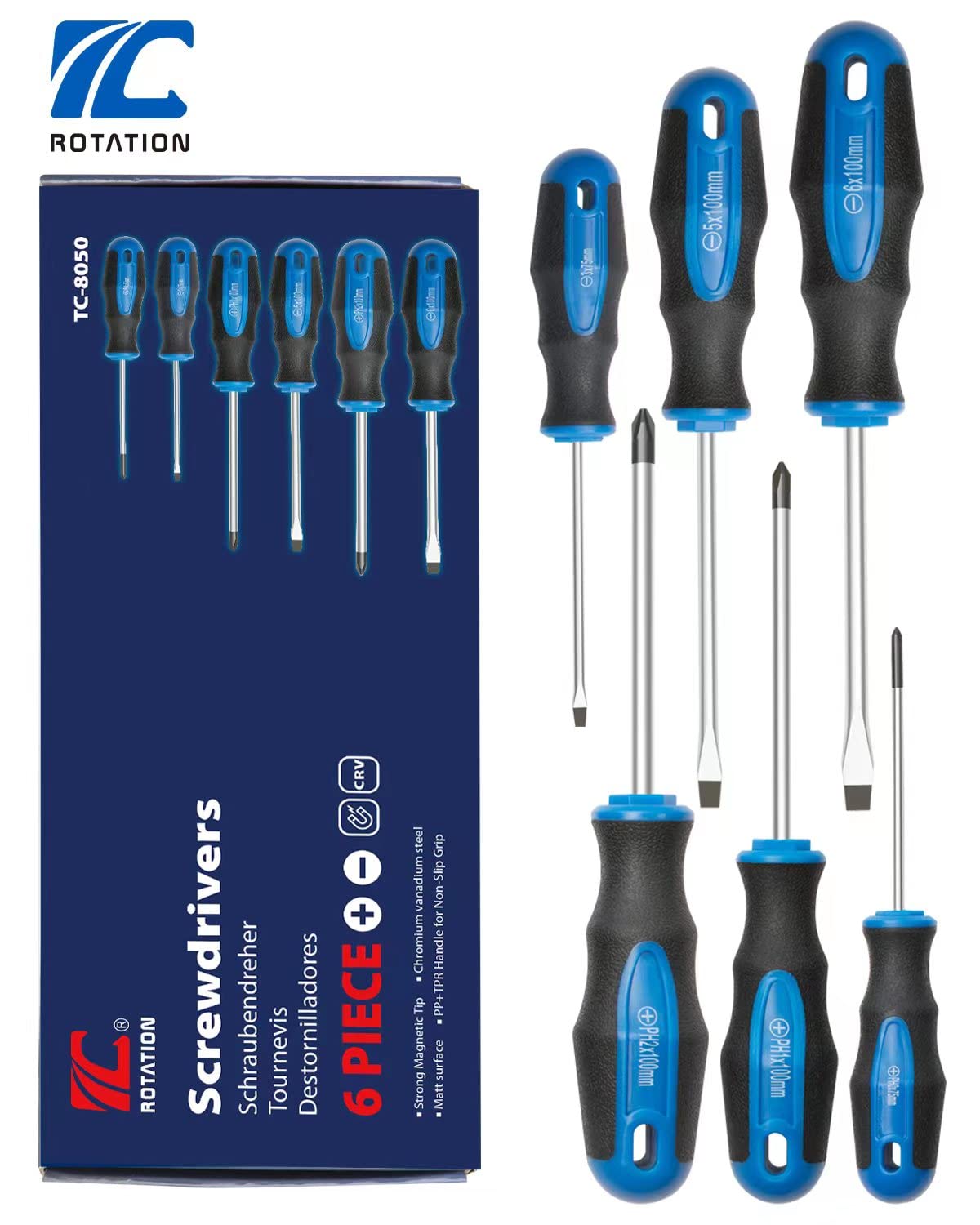 ROTATION 6PCS Magnetic Tip Screwdriver Set, 3 Phillips and 3 Flat, Professional Cushion Grip | 6-Piece Hand Tools Set