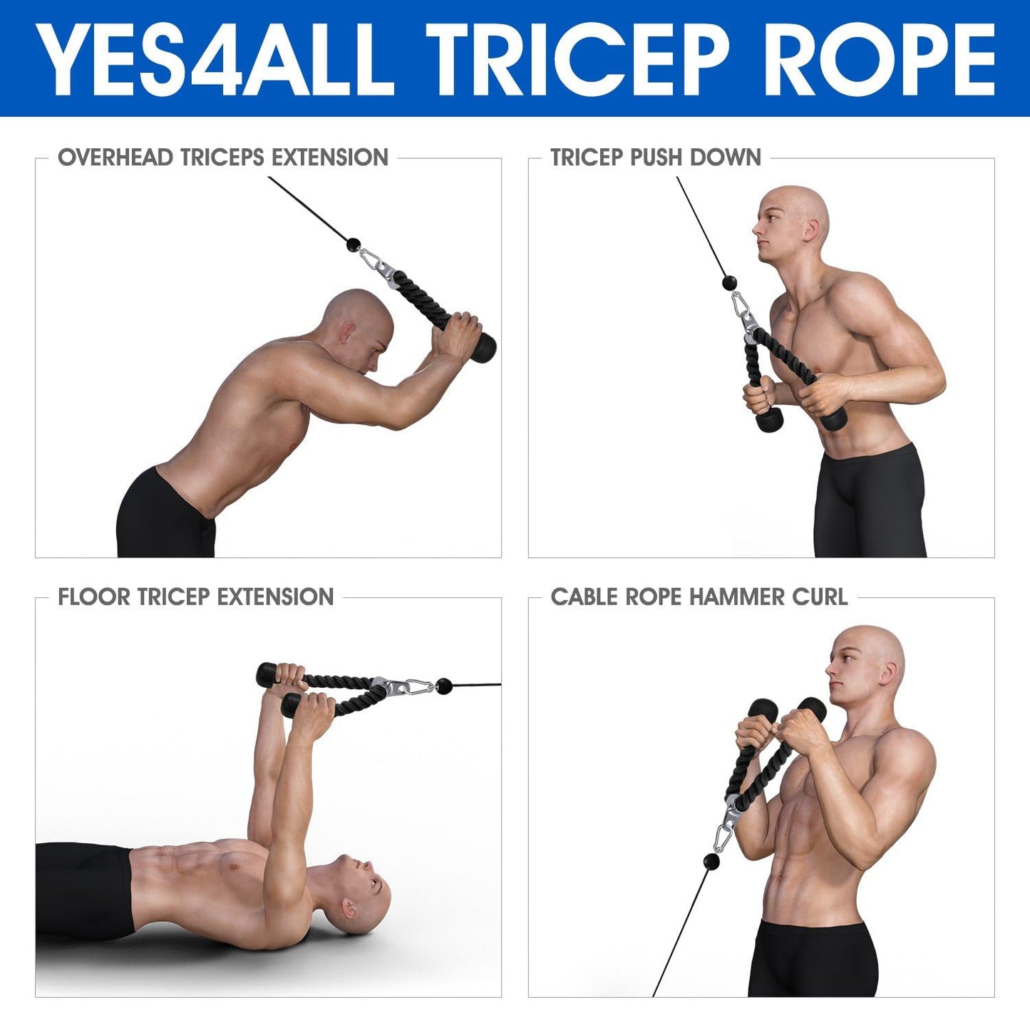 Yes4All Tricep Rope - Exercise Machine Attachment Press Down - 27" Rope Length