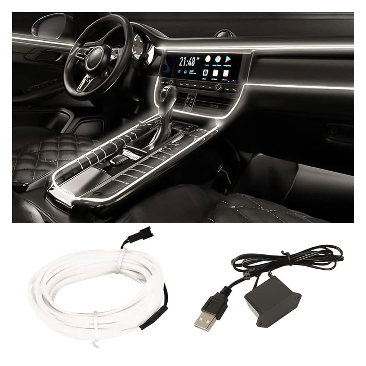 Bande lumineuse LED pour intérieur de voiture EL Wire, bande lumineuse USB au néon pour voiture avec bord de couture, lumière au néon 5 V de 16 pieds avec protection par fusible, décorations d'intérieur électroluminescentes pour voiture (blanc)