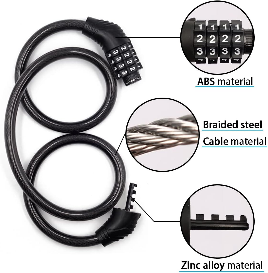 Cable de bloqueo de bicicleta, combinación de bloqueo de bicicleta de 4 dígitos de 3 pies de largo, bloqueo de bicicleta antirrobo reiniciable para scooter eléctrico