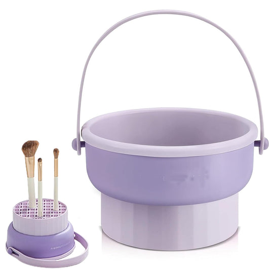 3 in 1 Makeup Brush Cleaning, Timistars Makeup Brush Cleaner, Brush Cleaner Makeup, Silicone Makeup Brush Holder, Mat Brush Cleaner Mat Foldable Makeup Brush Cleaning Bowl With Lanyard (Purple)