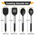 P&P CHEF Black Kitchen Cooking Utensil Set of 4, Silicone Solid Spatulas Slotted Spoons Turners for Non-stick Cookware Flipping Mixing, Heat-proof