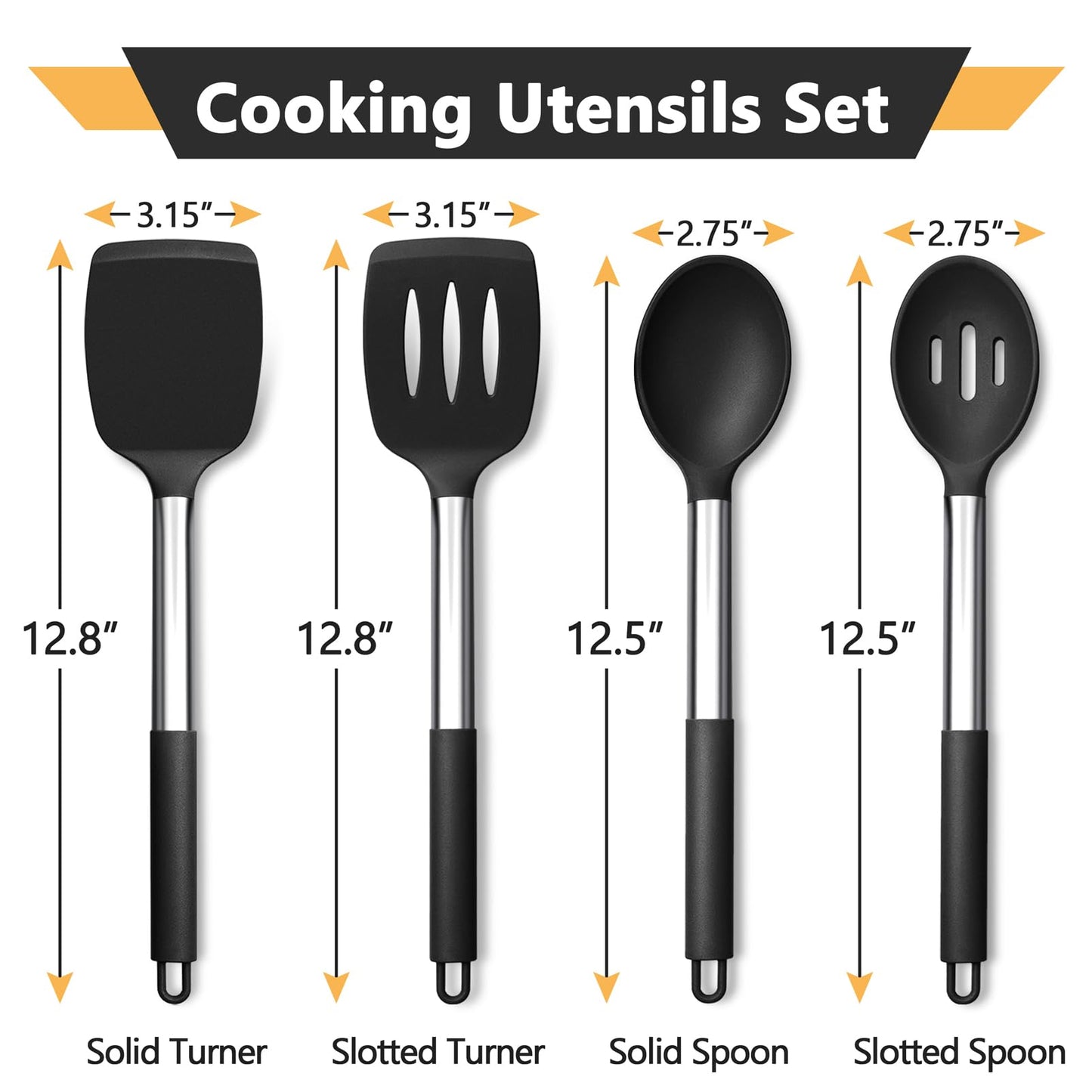 P&P CHEF Black Kitchen Cooking Utensil Set of 4, Silicone Solid Spatulas Slotted Spoons Turners for Non-stick Cookware Flipping Mixing, Heat-proof