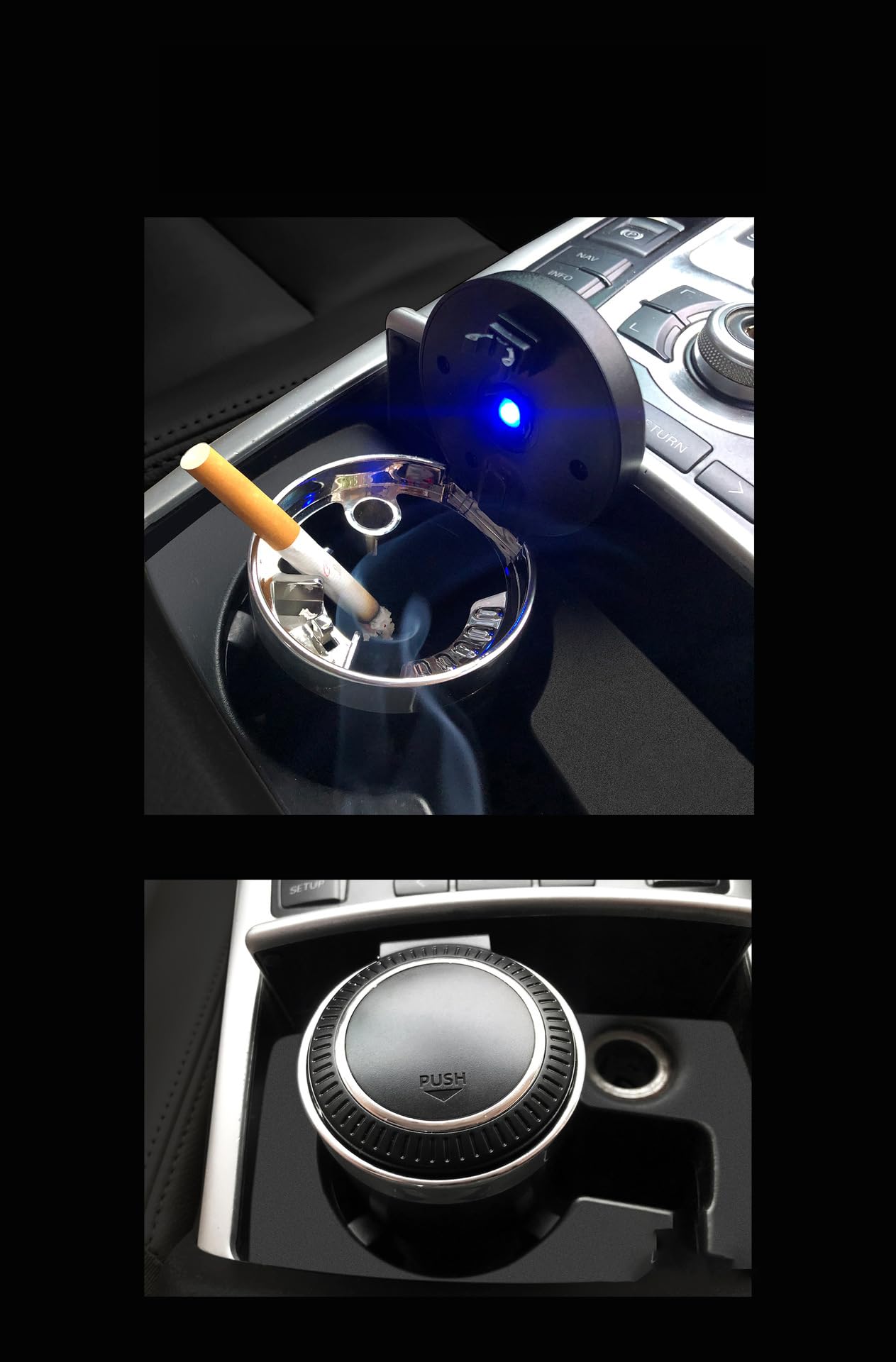 Car Ashtray with Lid, Detachable Stainless Steel Smokeless Ash Tray with LED Blue Light - Perfect for Outdoor Trave (Blue)