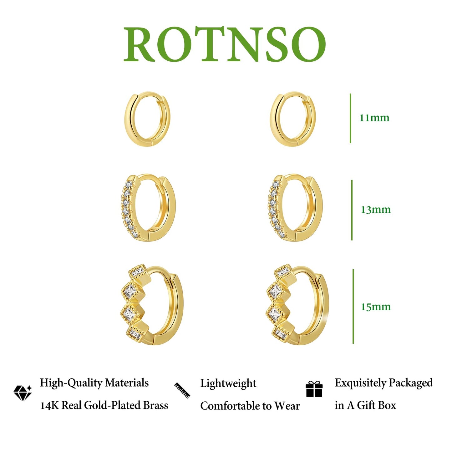 Rotnso Gold Hoop Earrings Set for Women Trendy, 14K Real Gold Plated Chunky Hypoallergenic Small Diamond Huggie Cartilage Hoops Cute Cubic Zirconia Dangle Earrings Jewelry Gifts