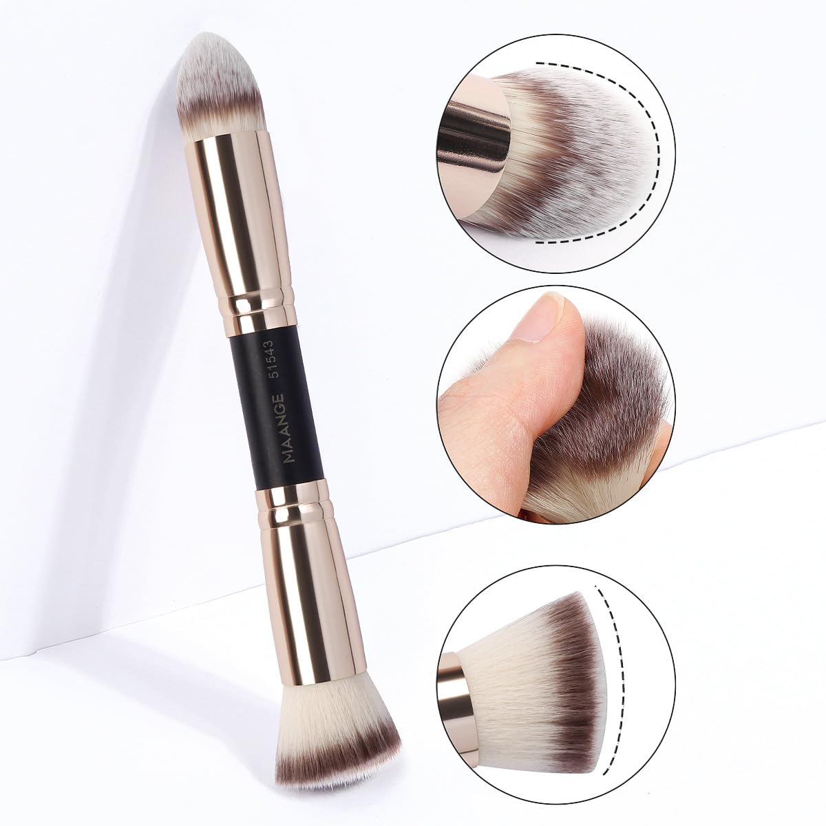 MAANGE Foundation Makeup Brushes, 2Pcs Premium Double-Ended Makeup Brush (Flat/Angled/Angled Round/Tapered Top) for Buffing Liquid, Cream, Powder, Blending Contour Face Brush(Black/Gold)