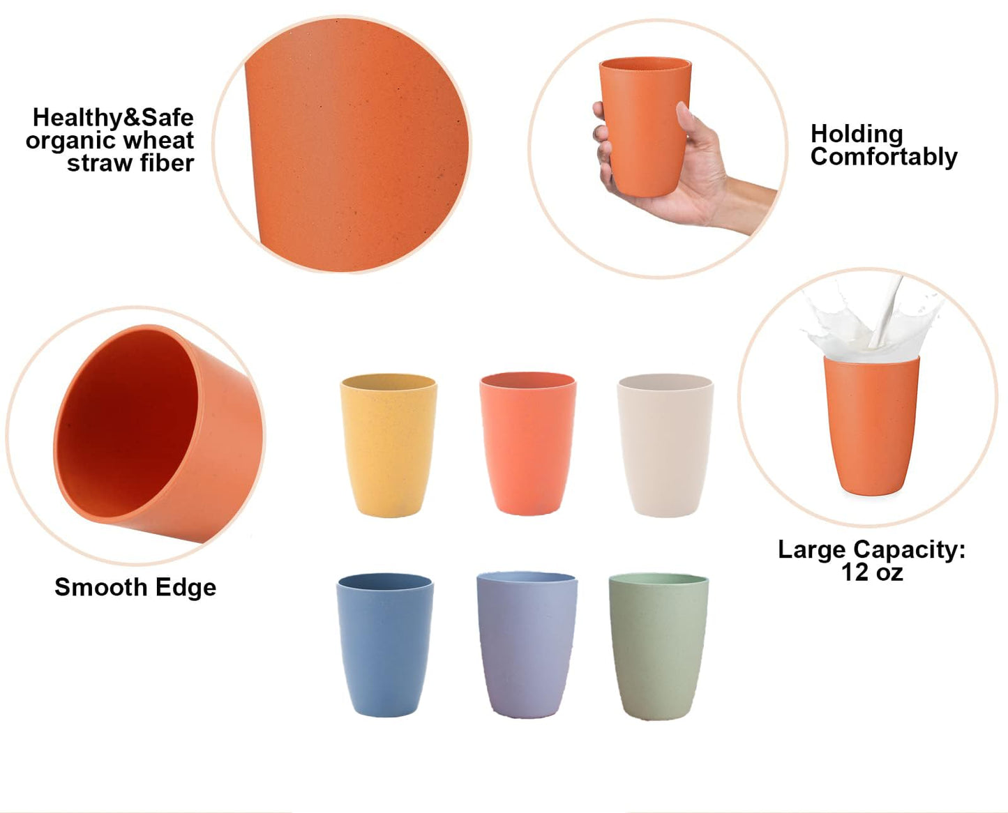 Vasos de paja de trigo NIKKIER, 6 unidades, vasos de plástico irrompibles, vasos de agua reutilizables aptos para lavavajillas (12 oz)