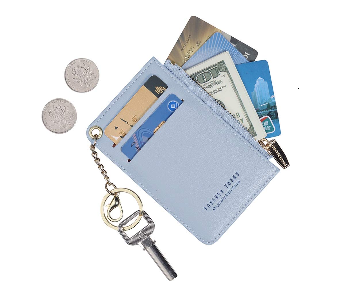 Small Wallets for Women Slim Leather Card Case Holder Wallet Coin Change Purse with Keychain (Blue)