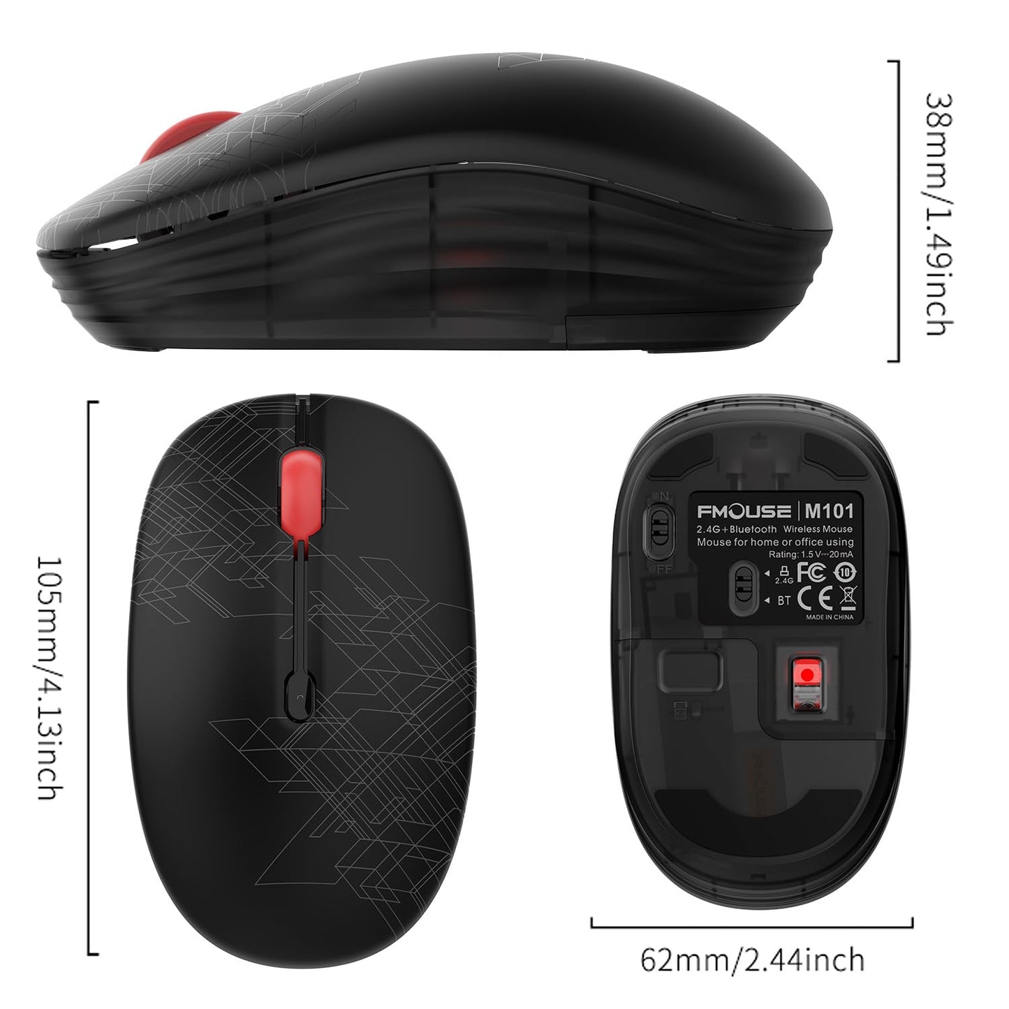 FMOUSE Bluetooth Mouse, 2.4 GHz Wireless Mice with USB Receiver for Laptop, iPad, Mac, AA Battery Silent Smooth Tracking Black Mouse Ideal for Business Office and Study (Black Geometry)