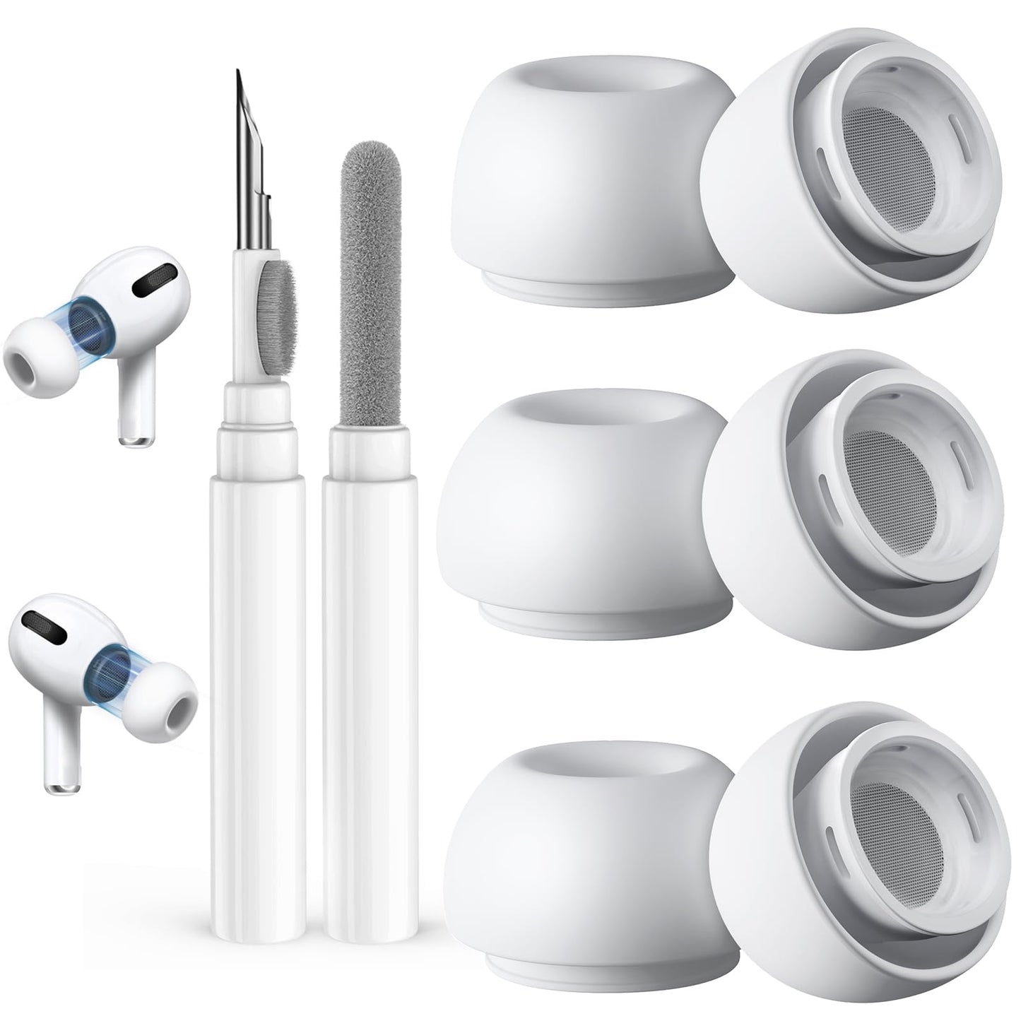 Lot de 3 paires d'embouts de rechange pour AirPods Pro 2e/1ère génération avec kit de nettoyage, trou de réduction du bruit et écran anti-poussière intégré, embouts en silicone pour étui de chargement USB-C (S/M/L)