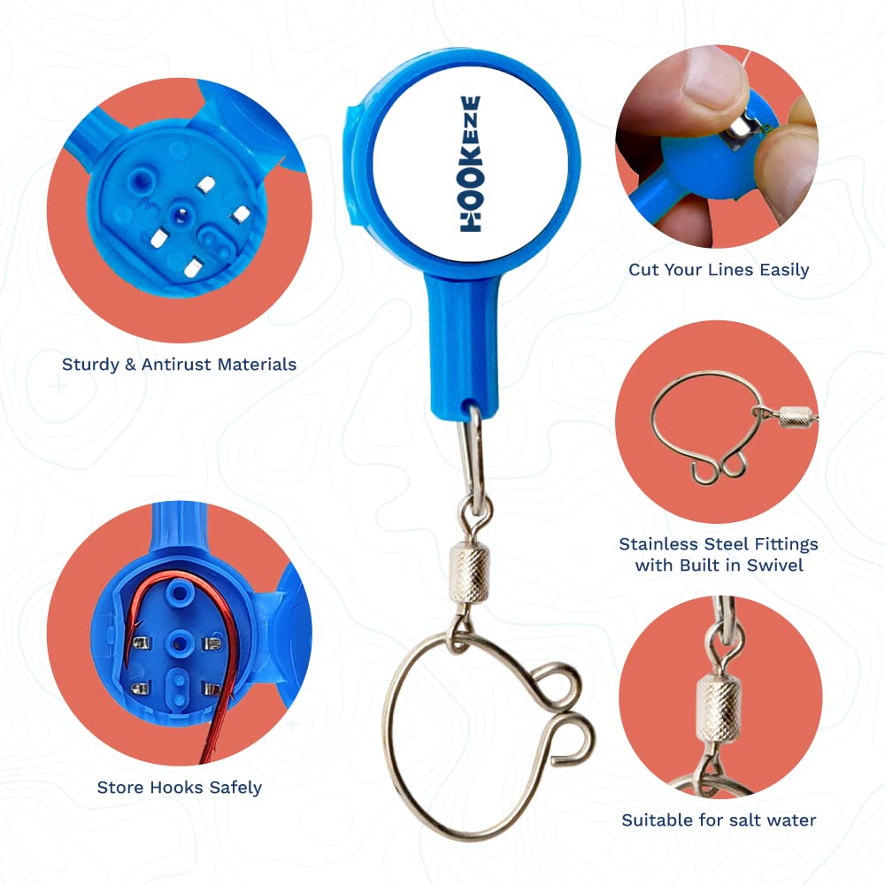 Herramienta para hacer nudos de pesca HOOK-EZE 2X, tamaño estándar - Dispositivo de seguridad y cortador de línea - Accesorios de pesca multifuncionales - Cubre anzuelos completamente armados - Azul