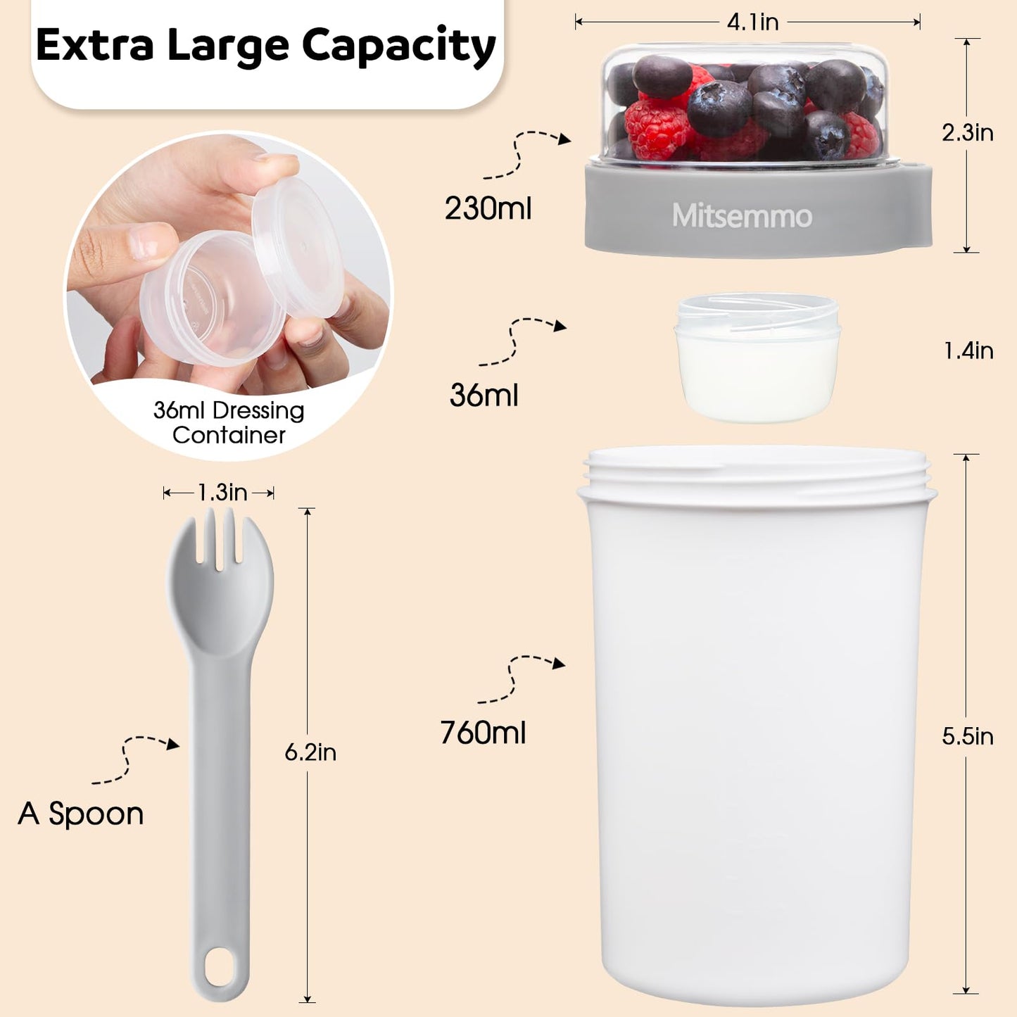 Yogurt Parfait Cups With Lids and Spoons,Breakfast On The Go,Portable Cereal Container To Go,Travel Cereal Bowl and Milk Container,Overnight Oats Snack Container & Salad Dressing/Granola Holder(White)