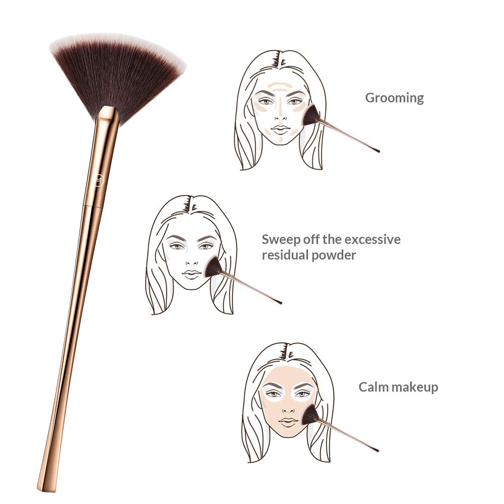 Brush Master Fan Makeup Brush For Highlighter, Blush, Flutty&Powder Cosmetic Tool w/Long Handle& Anti-Champagne Gold Brush