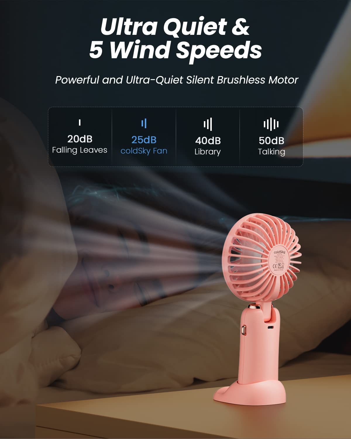 coldSky Portable Handheld Fan, 4000mAh Battery Operated Fan with LED Display, Handheld/Neck/Desk 3 in 1 Personal Small Fan, 90° Foldable Desk Fan with Base, 5 Speed Lash Fan Makeup Fan for Women