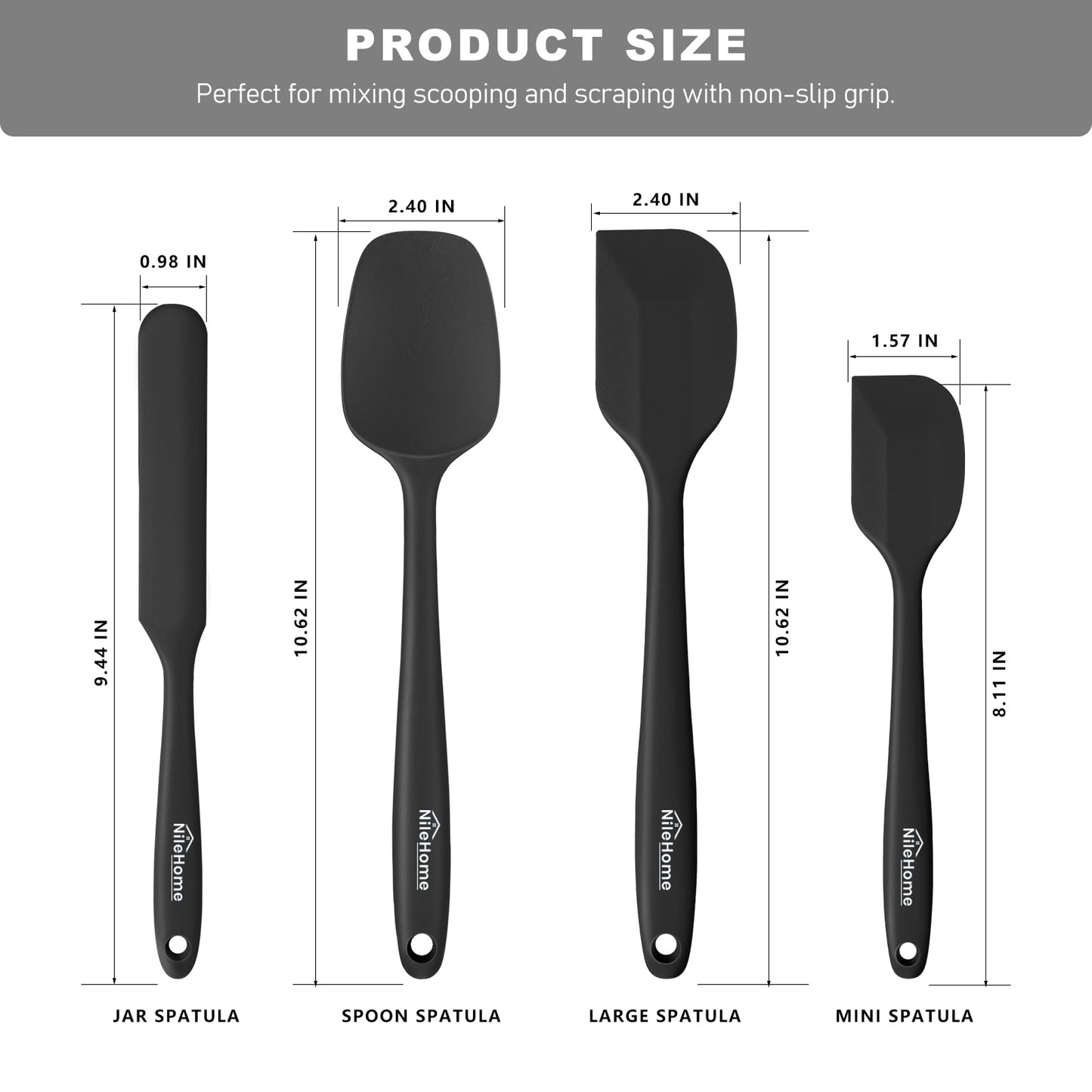 NileHome Silicone Spatula Set, Rubber Spatula High Heat-Resistant Premium BPA-Free One Piece Seamless Design Cooking Spatulas Utensils Set for Kitchen 4 pack (Black)