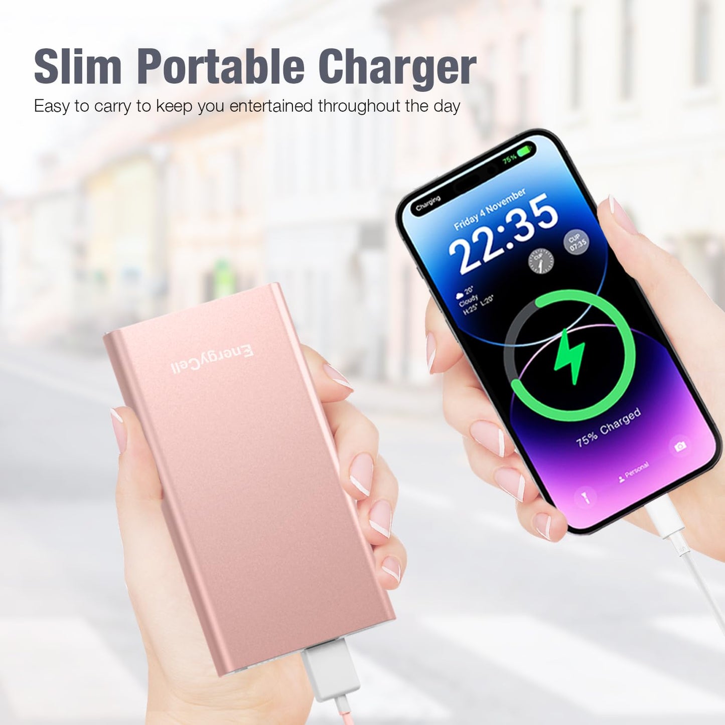 EnergyCell Pilot 4GS Portable Charger 12000mAh Fast Charging Power Bank Dual 3A High-Speed Output Battery Pack Compatible with iPhone 16 15 14 13 12 11 and More（Charging Cable Included (Rose Gold)