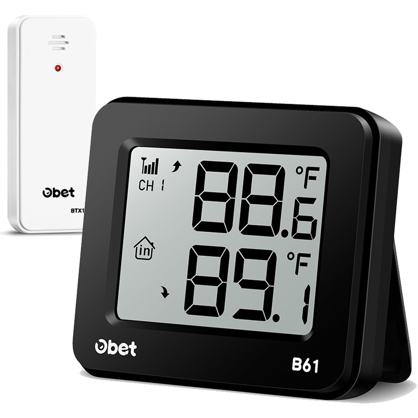 OBET Thermomètre intérieur extérieur sans fil Thermomètre extérieur numérique Jauge de température à distance de 500 pieds pour maison, chambre, patio B61-Noir