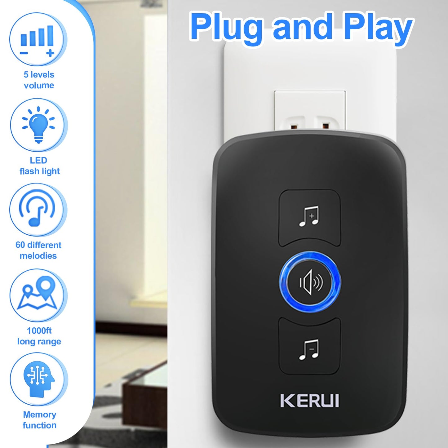 KERUI Wireless Doorbell Door Bell Chime 5 Volume Levels 60 Chimes Door Bells 1000ft Long Range Doorbell Kit with LED Flashing