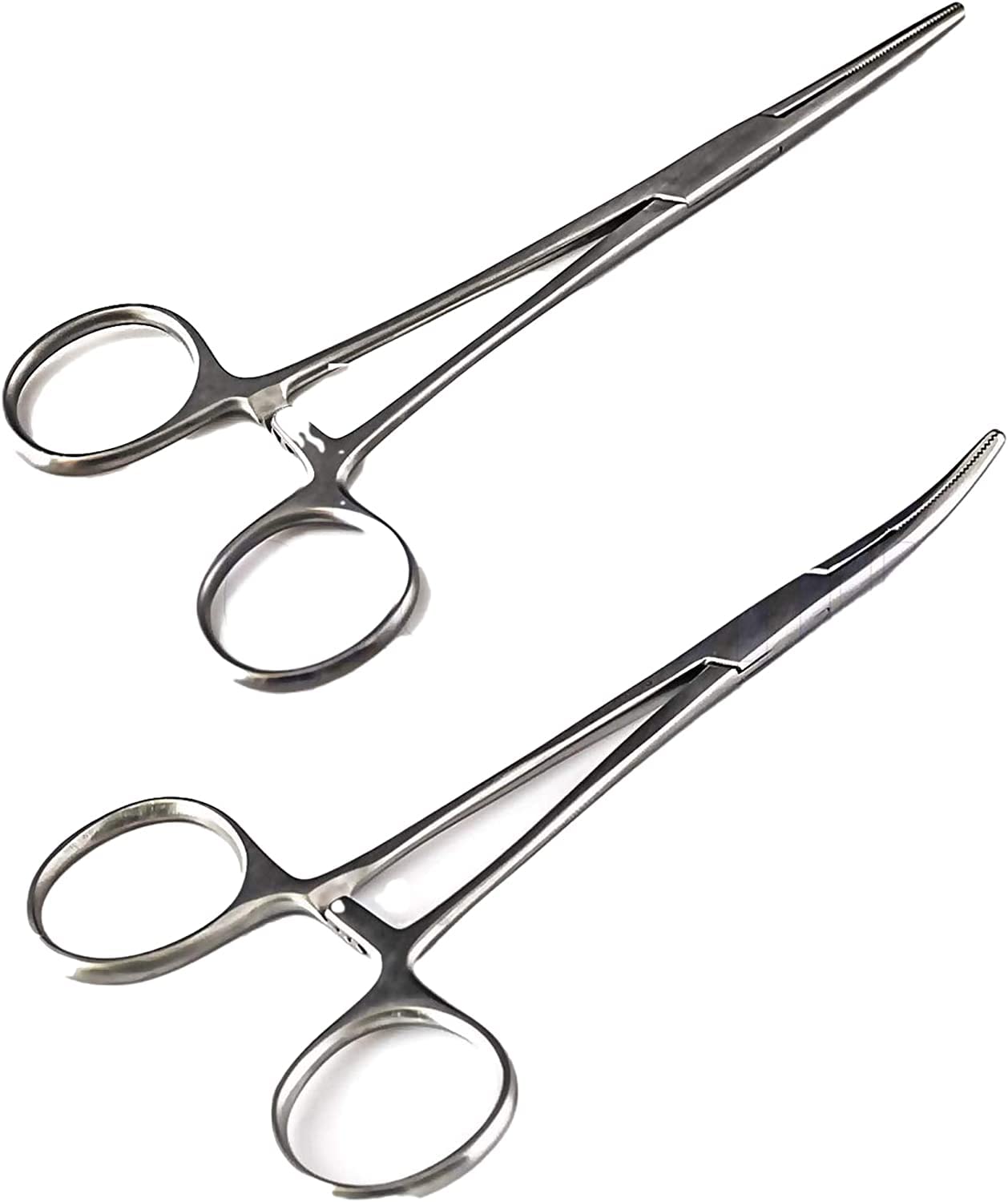 Herramientas de pesca versátiles de SURGICAL ONLINE con juego de 2 pinzas de pesca de 5 pulgadas: acero inoxidable, pinzas hemostáticas curvas y rectas, mordazas dentadas, mecanismo de bloqueo y diseño liviano