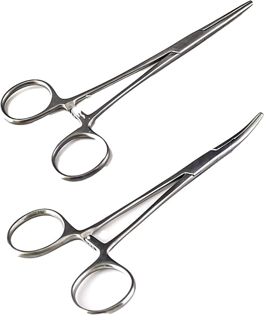 Herramientas de pesca versátiles de SURGICAL ONLINE con juego de 2 pinzas de pesca de 5 pulgadas: acero inoxidable, pinzas hemostáticas curvas y rectas, mordazas dentadas, mecanismo de bloqueo y diseño liviano