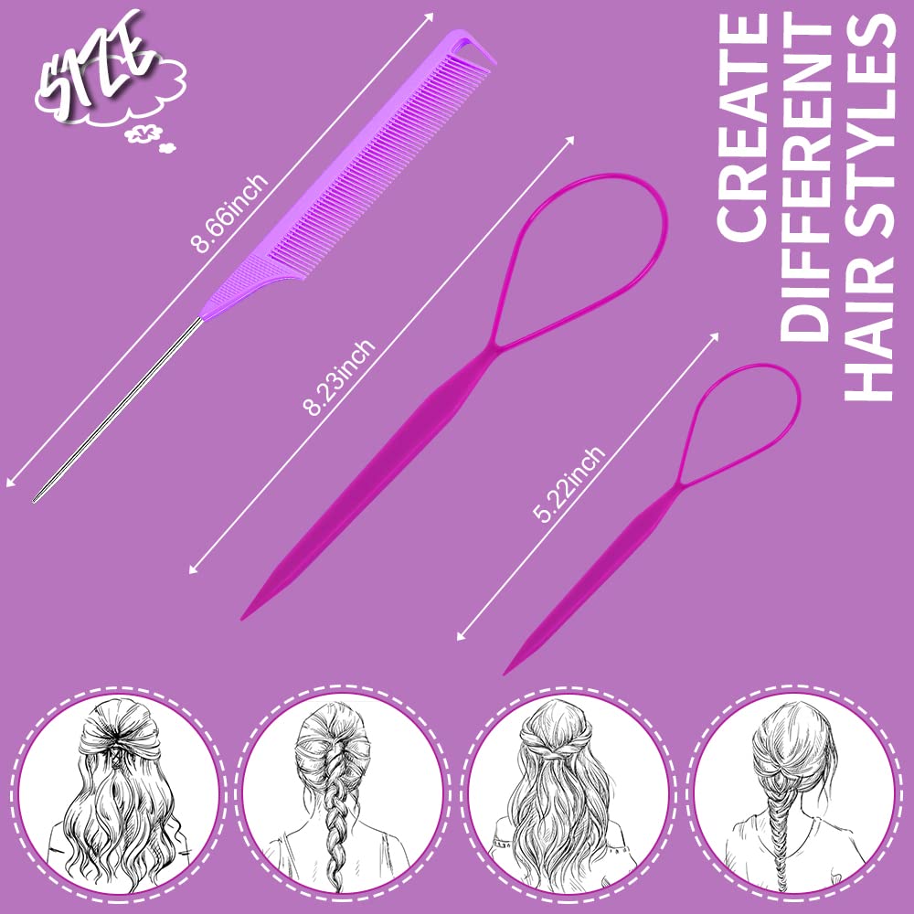 TsMADDTs Hair Braiding Tool Set - 3Pack with French Braid Tool, Rat Tail Comb, and Metal Pin Comb for Hairstyling, Purple