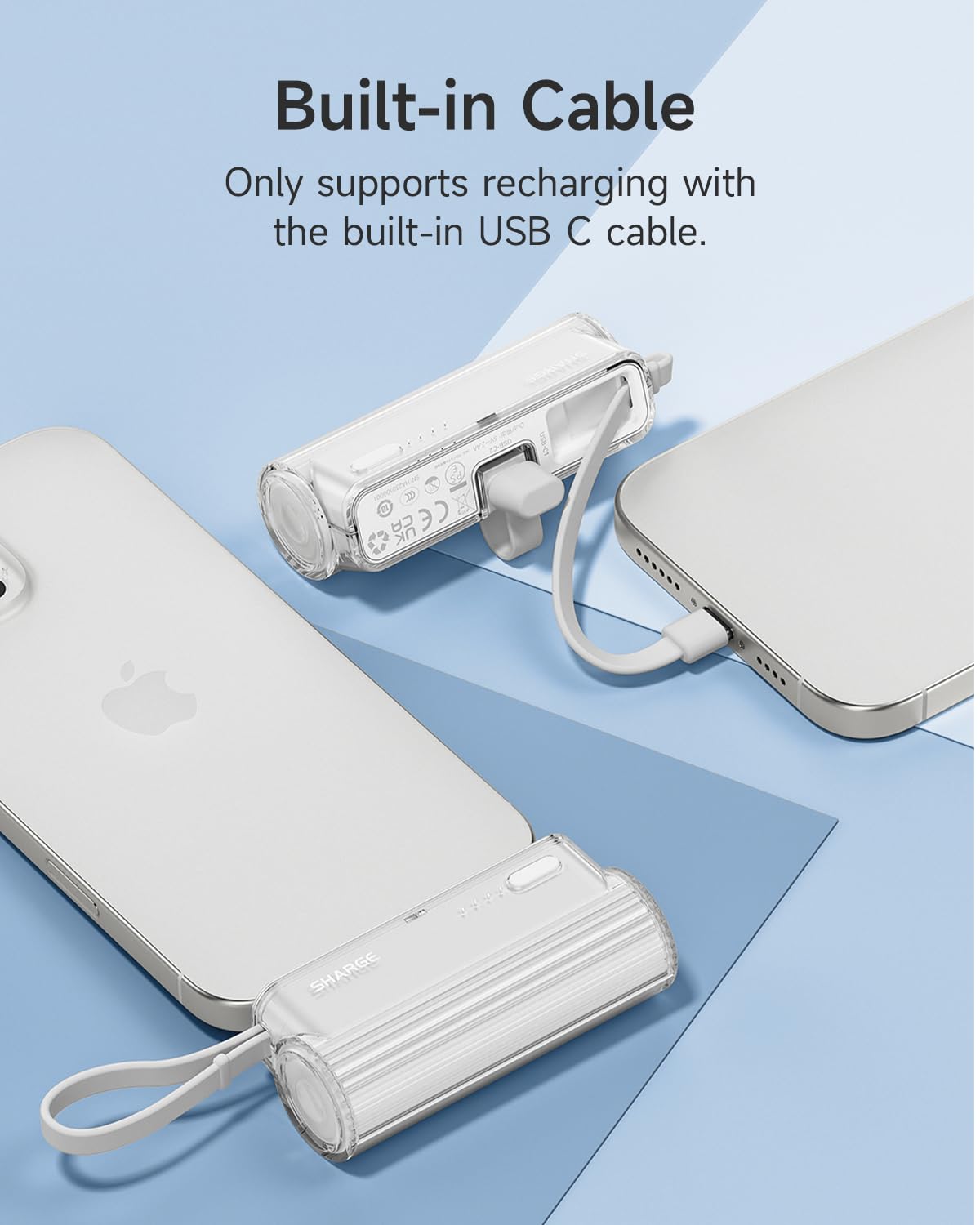 sharge Flow Mini Portable Charger, 5000mAh Small Power Bank with Changeable Plugs and Built in Cable, Dual Output USB-C External Battery Compatible with iPhone 16/15/14/13, iPad, Galaxy S24/23 Ultra