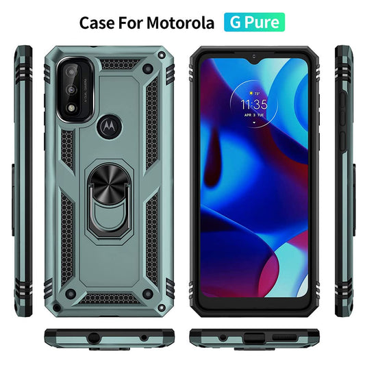 Funda para teléfono Moto G Pure, funda para Moto G Power 2022 con protector de pantalla HD, fundas protectoras de grado militar con anillo para Moto G Pure (verde oscuro)