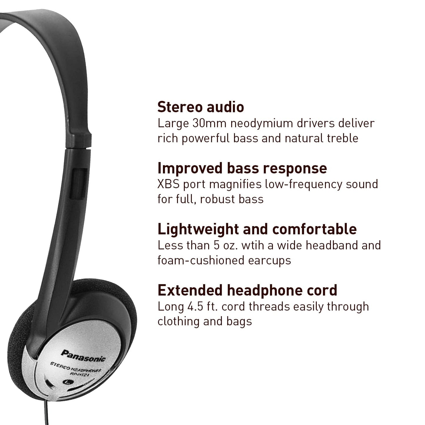 Panasonic Headphones On-Ear Lightweight with XBS RP-HT21 (Black & Silver)