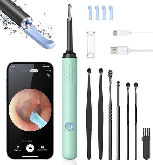 Ear Wax Removal Tool Camera with 4 Ear Spoon - Ear Cleaner with 1080P HD Camera - Earwax Removal Kit with Camera - Ear Camera for iOS & Android (Lake Green)