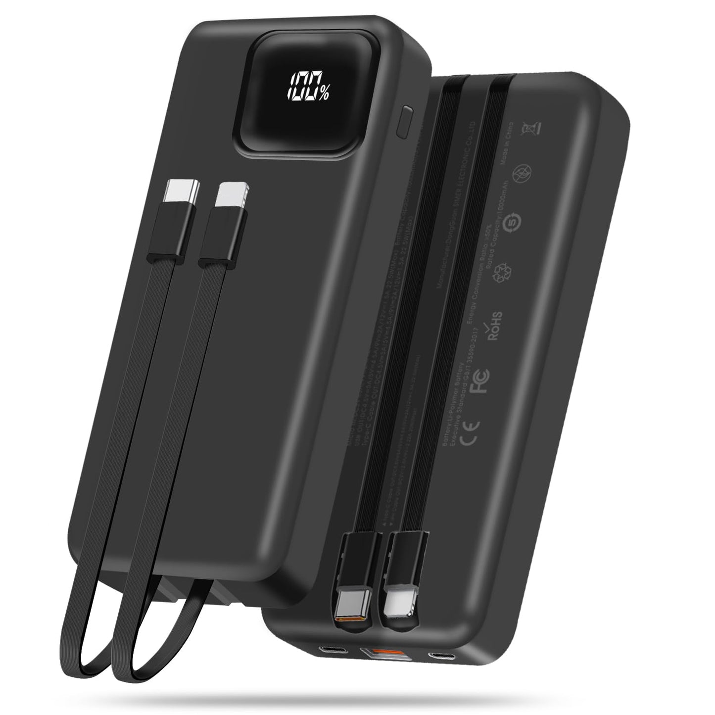 Skyvast Portable Charger, 10000mAh Power Bank with 2 Built-in Cables, 22.5W Fast Charging with Screen, Travel Battery Pack for i Phone, i Pad, Samsung, Google Pixel, LG and More (Black 10000mAh)