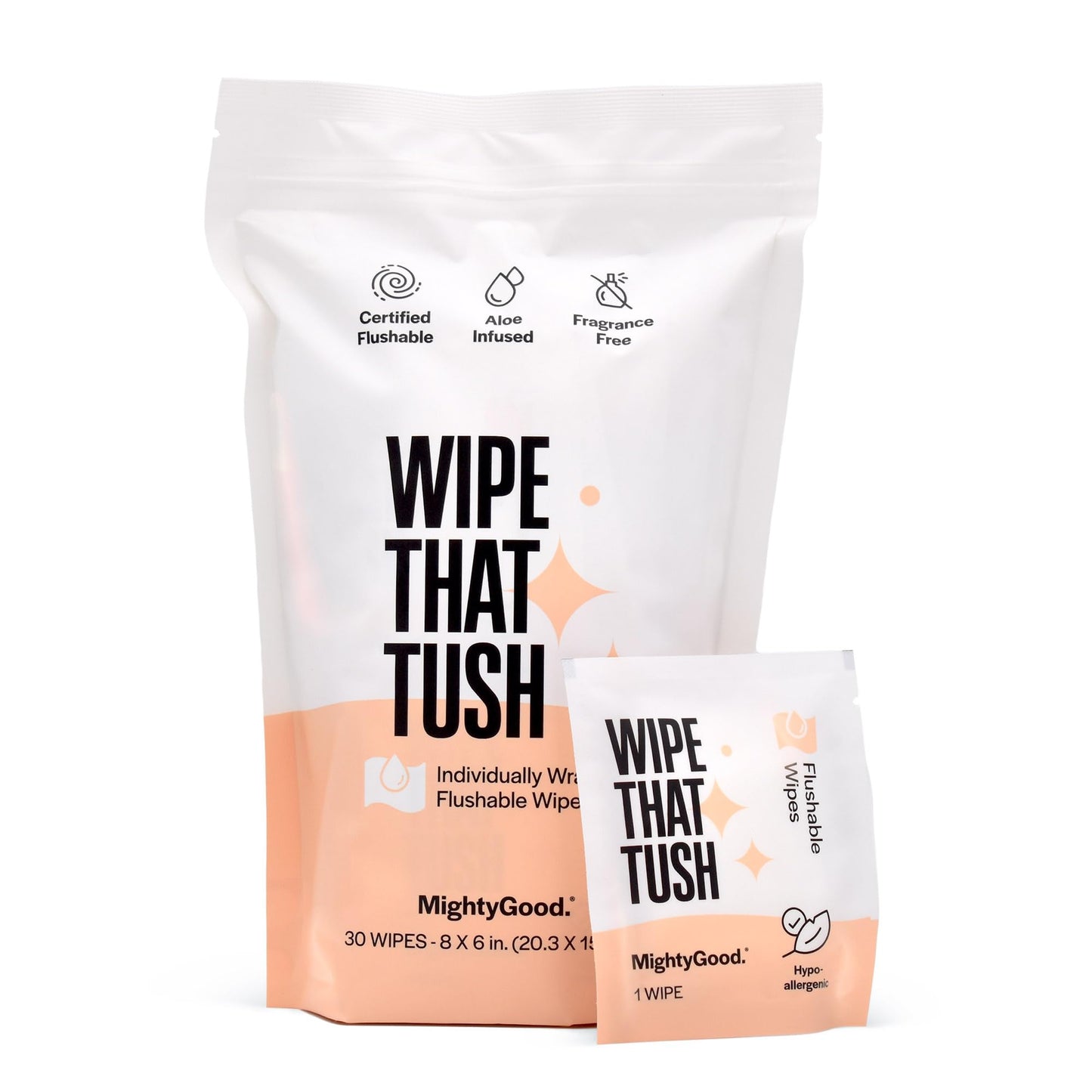 MightyGood. Wipe That Tush On-The-Go Flushable Wet Wipes - 1 Pack, 30 Wipes - Individually Wrapped Extra-Large Wipes with Aloe - Hypoallergenic & Unscented - Septic and Sewer Safe