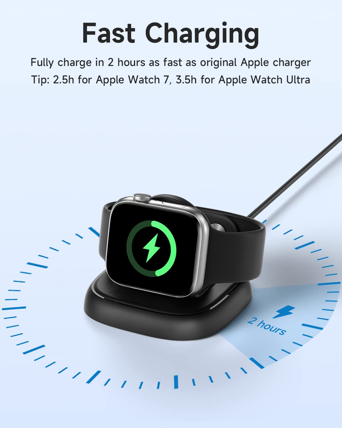 NEWDERY Charger Stand for Apple Watch, Portable Watch Charger for iWatch with USB C Cable,Fast Charging,Wireless Charging Station for Apple Watch Series 9/8/7/6/Ultra/5/3/2/SE, Black