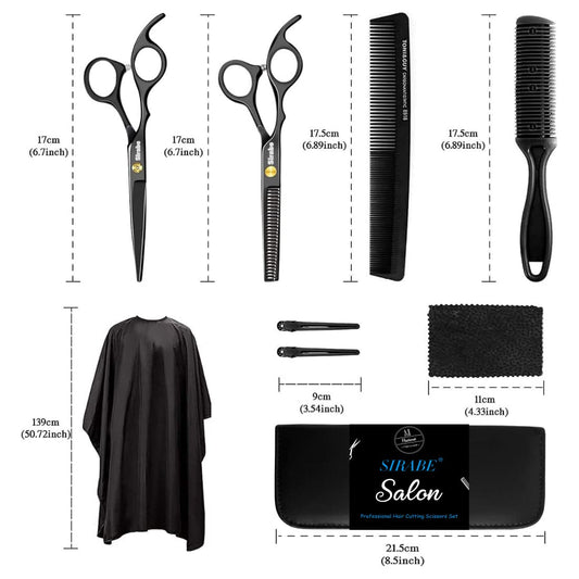 Sirabe 10 PCS Hair Cutting Scissors Set, Professional Haircut Scissors Kit with Cutting Scissors, Thinning Scissors, Comb, Cape, Clips, Black Hairdressing Shears Set for Barber, Salon, Home