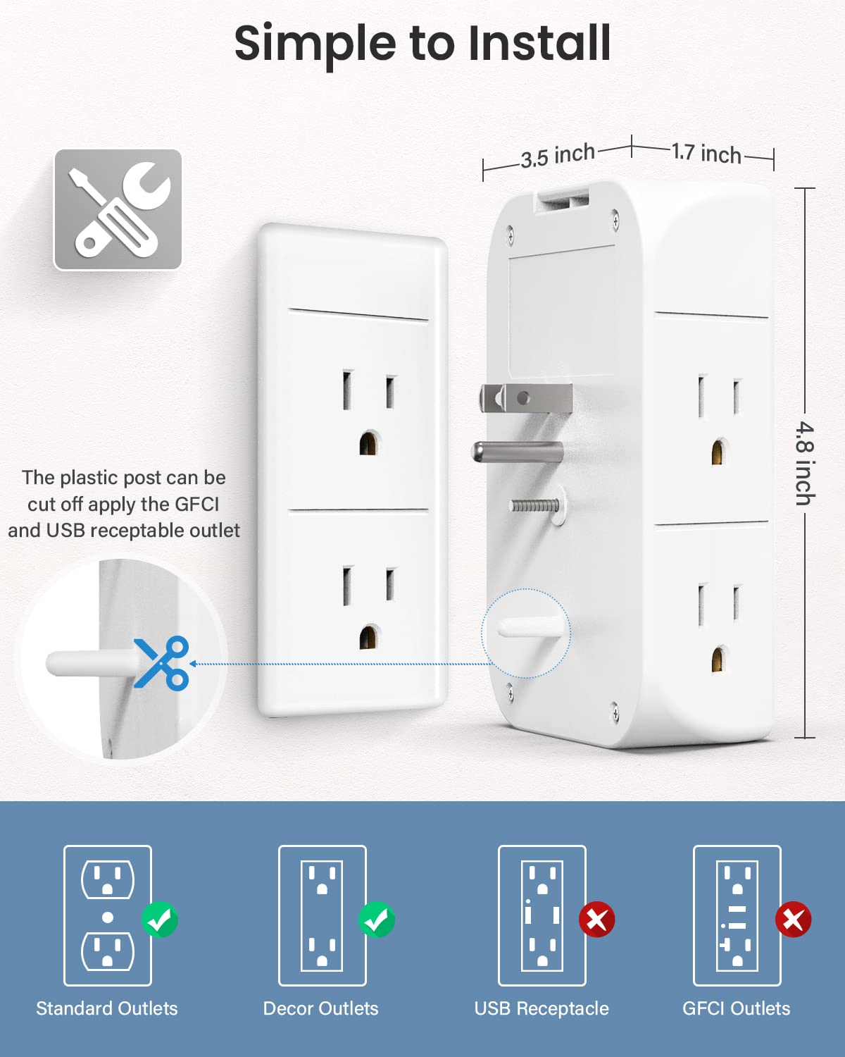 Extensor de toma de corriente de pared con estante y luz nocturna, protector contra sobretensiones, cargador de pared USB con 5 tomas de CA y 3 puertos USB, 1 toma USB C, regleta de enchufes de 3 lados de amplio espacio, enchufes múltiples…