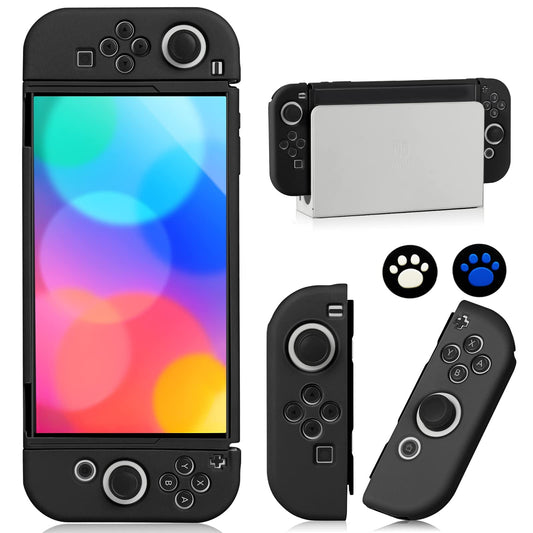 Switch OLED Case for Nintendo Switch OLED Model, Dockable Cover Soft TPU Protector Case for Switch OLED Grips & Console and Accessories with 2 Pcs Thumb Caps, Black