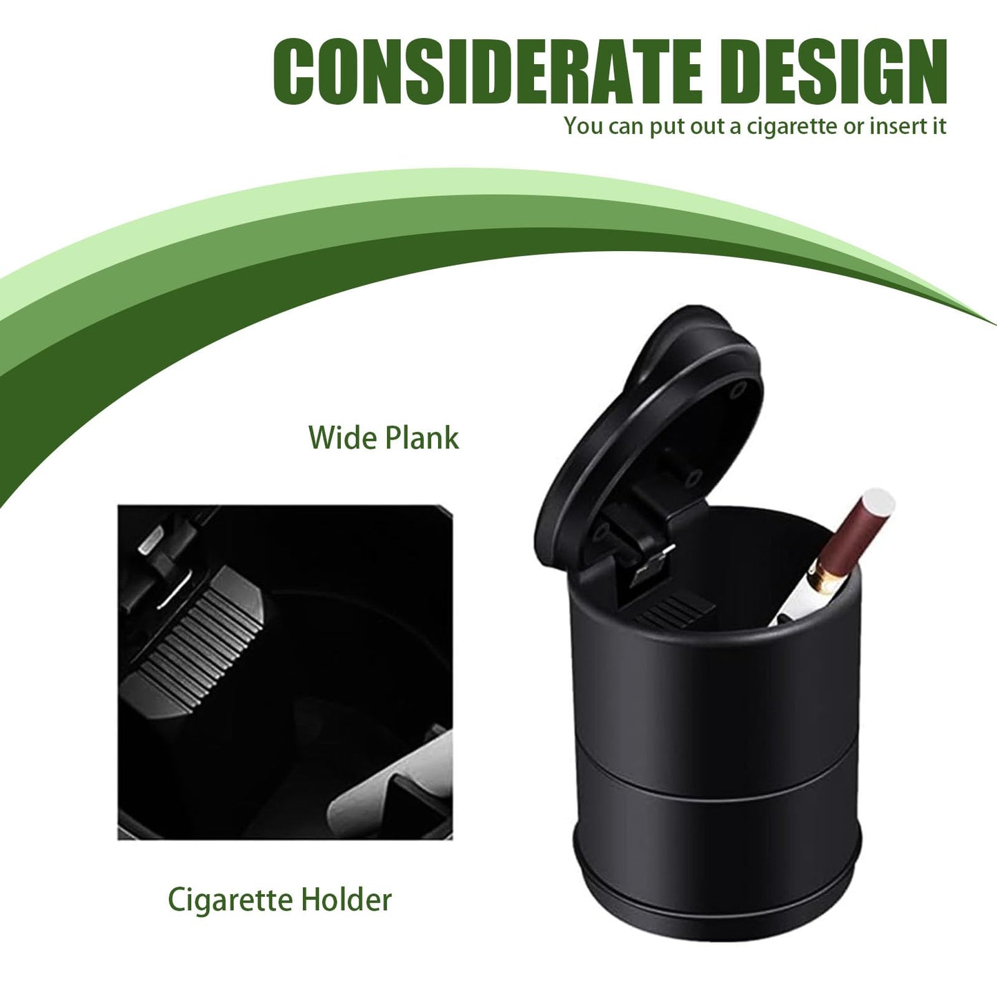 Yumfugu Pack-1 Car Ashtray, Isolates Odors Portable Cup Holder Trash Can with Lid, Flame Retardant ABS Ashtray with Cigarette Inserting Place, Universal for Cars Travel, Office, Home (Black)