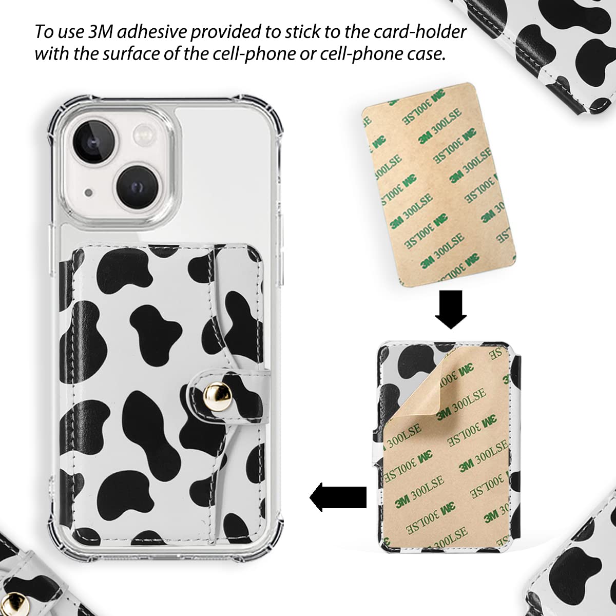 M-Plateau Phone Card Holder, Stick On with Snap Closure 3M Adhesive Leather Phone Wallet Work with iPhone 14 Case and Most Smartphones (Cow Print)