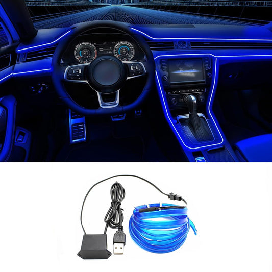 QVEVDACAR EL Wire Interior Car LED Strip Lights, 16.5FT USB Neon Glowing Strobing El Wire Lights with 6mm Sewing Edge, Ambient Lighting Kits for Car Inside Decorations (Blue)