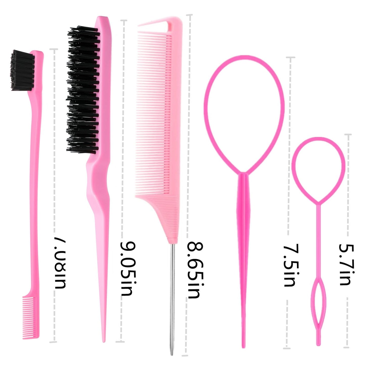 ZVOREI 8Pcs Hair Brushes Set with 4Pcs Topsy Hair Tail Tools 1Pcs Bristle Teasing Hair Brush 1Pcs Edge Control Brush 2Pcs Metal Pin Rat Tail Combs for Woman Girl Hair Styling,Edge&Back Brushing Pink