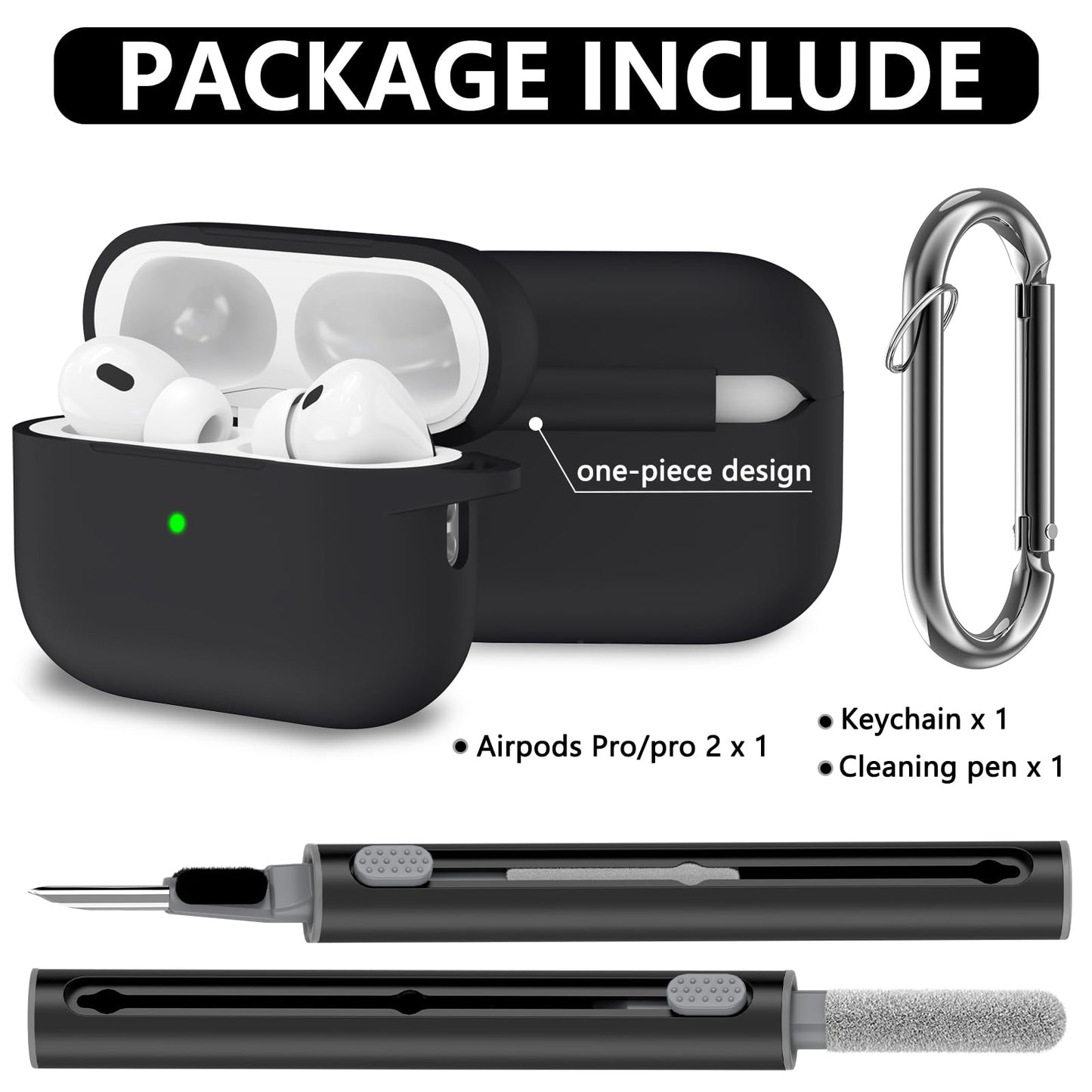 AirPods Pro Case Cover with Cleaner Kit,Soft Silicone Protective Case for Apple AirPod Pro 2nd/1st Generation Case for Women Men,AirPods Pro 2/Pro Case Accessories with Keychain-Black