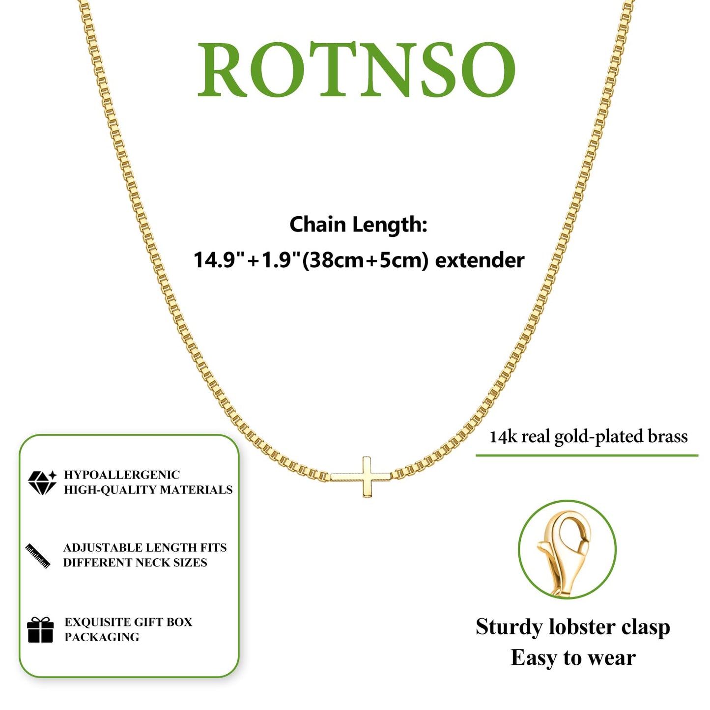 Collier en croix Rotnso pour femme plaqué or 14 carats délicat petit pendentif en croix latérale ras du cou simple tendance mignon collier à chaîne en forme de croix bijoux de foi cadeau minimaliste religieux